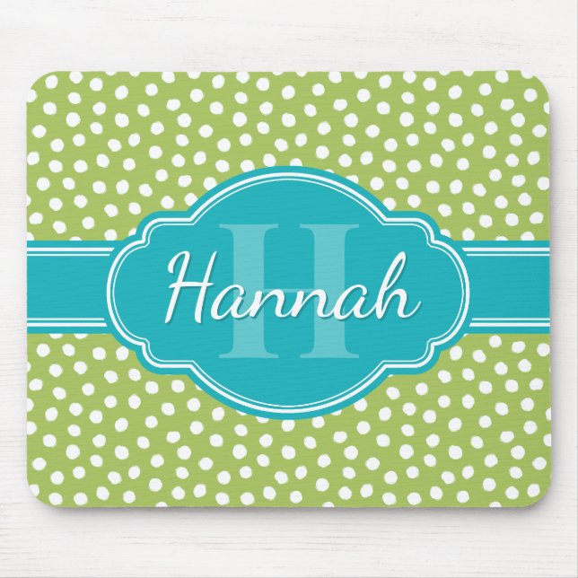 Green White Dotted Pattern Teal Monogram Mouse Pad (Front)