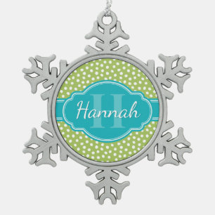 Green White Dotted Pattern Teal Monogram Snowflake Pewter Christmas Ornament