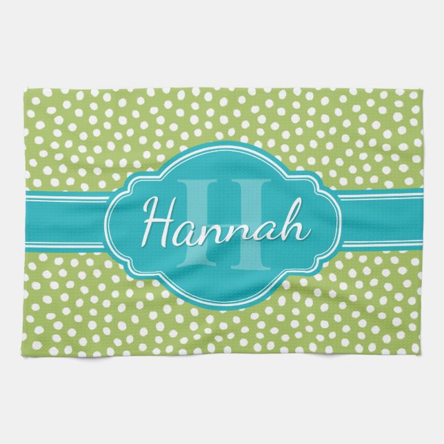 Green White Dotted Pattern Teal Monogram Tea Towel (Horizontal)