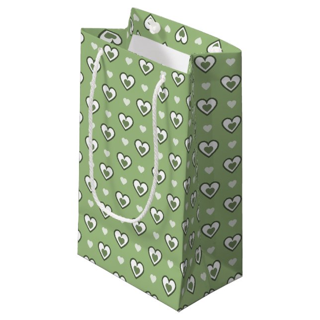 Green & White Double Hearts Patterned Gift Bag (Front Angled)