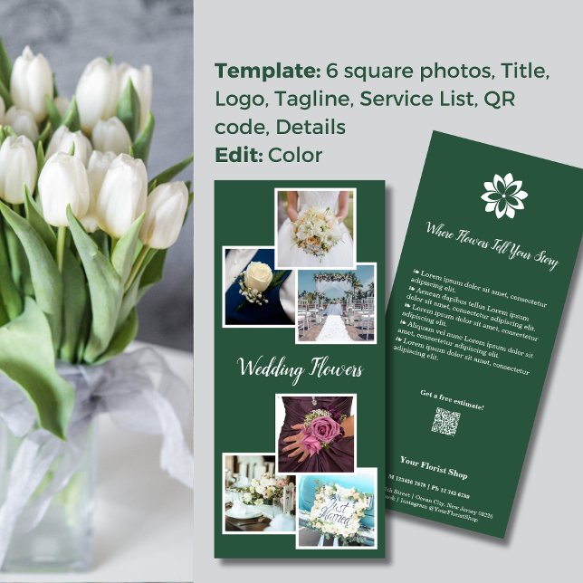 Green & White Elegance 💐 Wedding Flowers Florist Rack Card (Green & White Elegance 💐 Wedding Flowers Florist Rack Card)