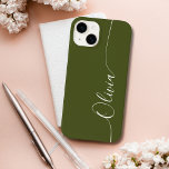 Green White Elegant Calligraphy Script Name Case-Mate iPhone 14 Case<br><div class="desc">Green White Elegant Calligraphy Script Custom Personalised Name iPhone 14 Smart Phone Cases features a modern and trendy simple and stylish design with your personalised name in elegant hand written calligraphy script typography on a green background. Designed by ©Evco Studio www.zazzle.com/store/evcostudio</div>