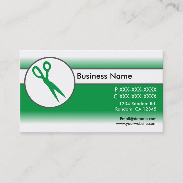 Green white fade scissors business cards (Front)