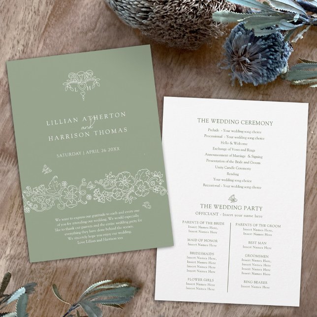 Green white fleur de lis wedding program thanks programme (Creator Uploaded)