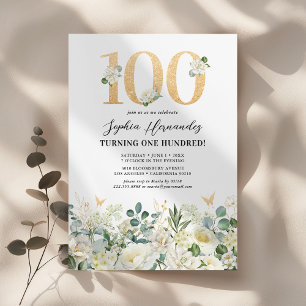Green & White Floral 100th Birthday Party Invitation