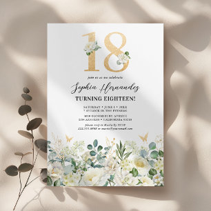 Green & White Floral 18th Birthday Party Invitation
