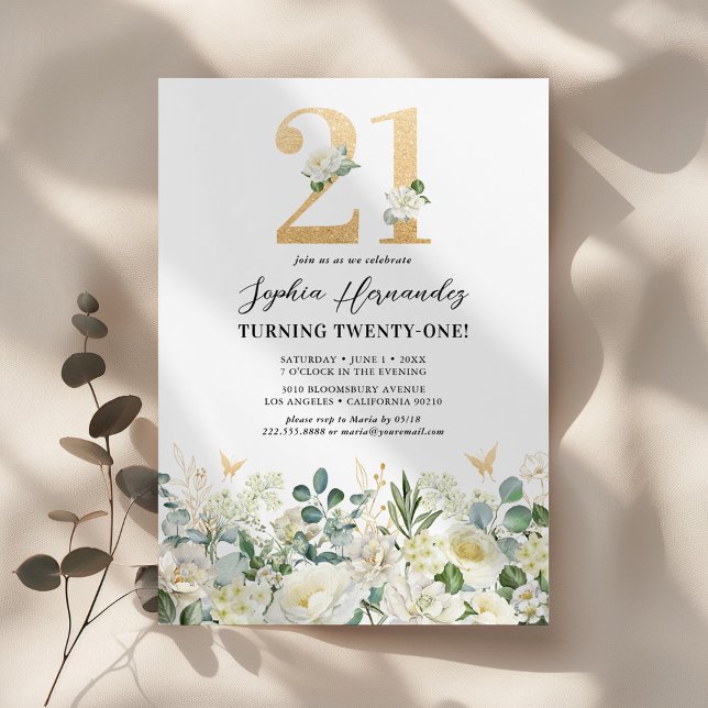 Green & White Floral 21st Birthday Party Invitation (Creator Uploaded)