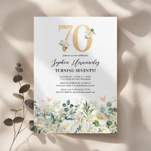 Green & White Floral 70th Birthday Party Invitation