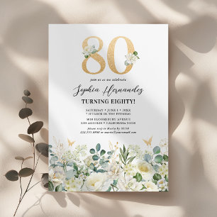 Green & White Floral 80th Birthday Party Invitation