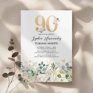 Green & White Floral 90th Birthday Party Invitation