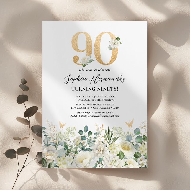 Green & White Floral 90th Birthday Party Invitation (Creator Uploaded)