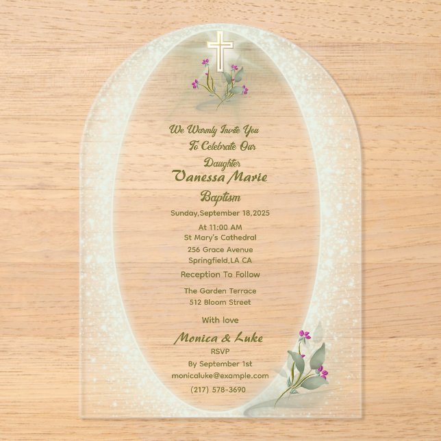 Green&White floral Baptism Acrylic invitation  (Front)