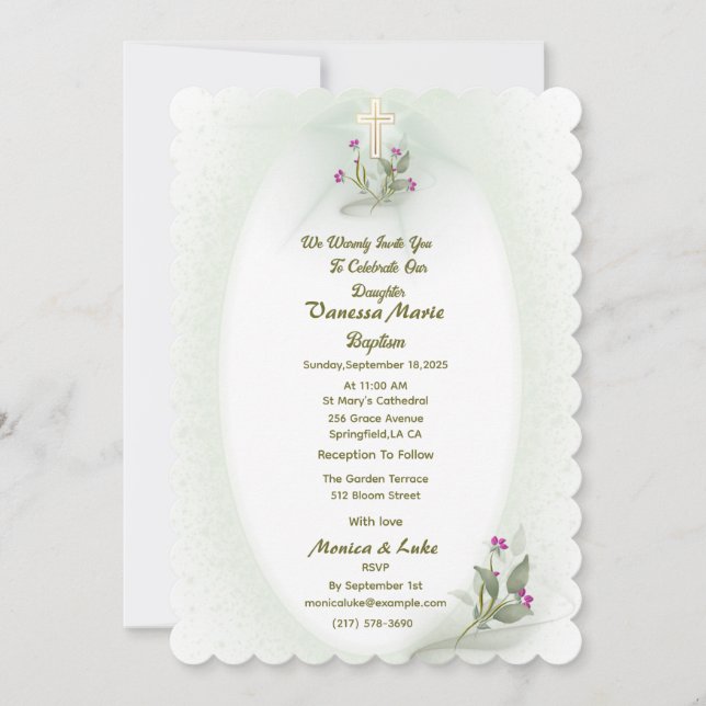 Green&White floral Baptism invitation  (Front)