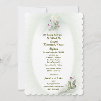 Green&White floral Baptism invitation 
