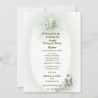 Green&White floral Baptism invitation 