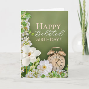 Green White Floral Botanical Belated Birthday Card
