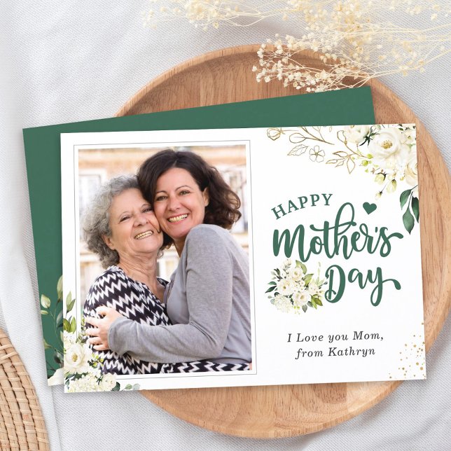 Green White Floral Happy Mother's Day Photo Card (Creator Uploaded)