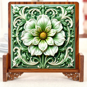 Green & White Floral Harmony Ceramic Tile