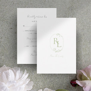 Green & White Floral Monogram Wedding RSVP Card