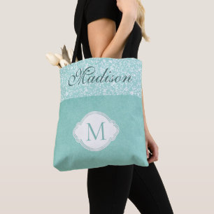 Green White Floral Pastel Trendy Monogram Tote Bag