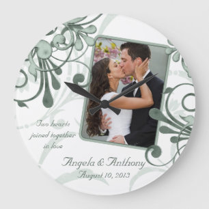 Green White Floral Personalised Photo Template Large Clock