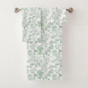 Green  White Floral Roses French Chinoiserie Bath Towel Set