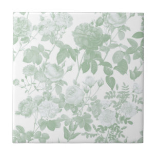 Green White Floral Roses French Pattern Tile