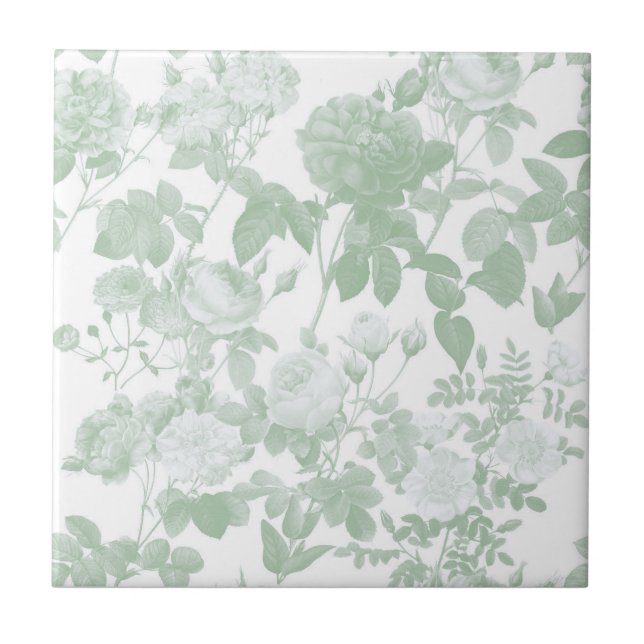 Green White Floral Roses French Pattern Tile (Front)