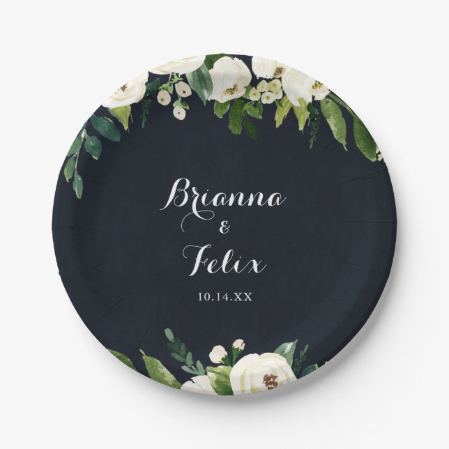 Green White Floral Royal Blue Wedding Cake  Paper Plate (Front)