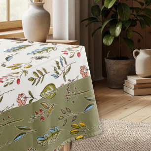 Green white floral tablecloth, shabby chic vintage tablecloth