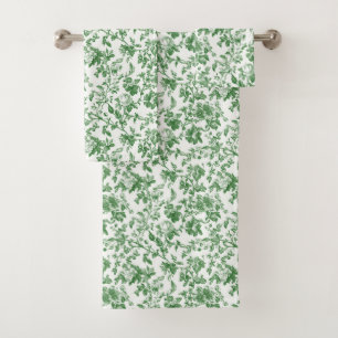 Green White Floral Toile Chinoiserie Vintage Bath Towel Set