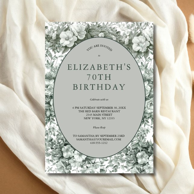 Green White Floral Toile Watercolor 70th Birthday Invitation (Elegant Green Toile Floral 70th Birthday party invitation. Printed or Instant digital download)
