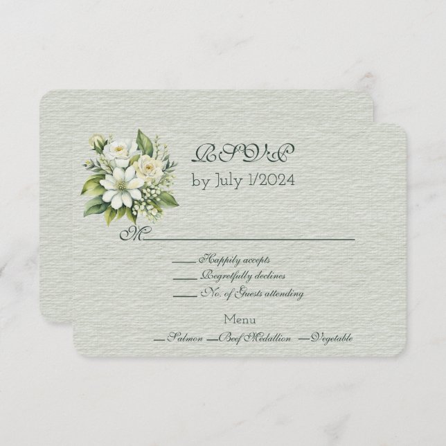 Green White Floral Wedding Bouquet  RSVP Card (Front/Back)
