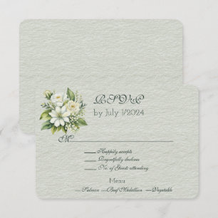 Green White Floral Wedding Bouquet RSVP Card