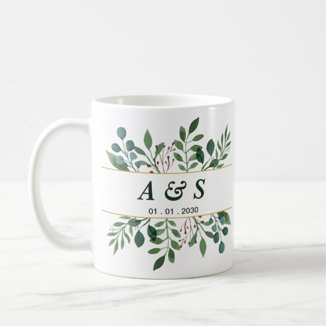 Green White Floral Wedding Coffee Mug (Left)