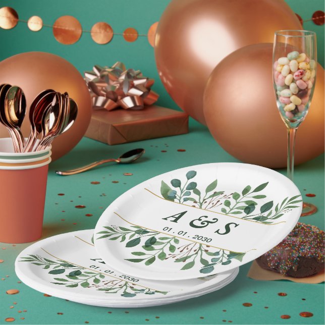Green White Floral Wedding Paper Plate (Multi)
