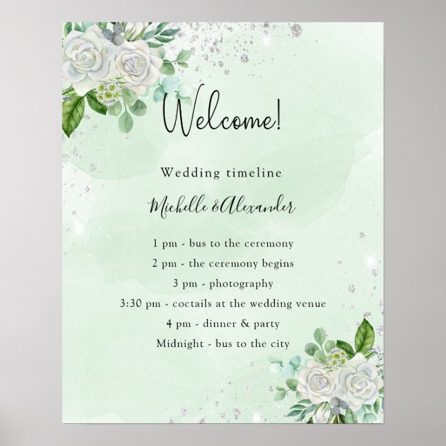 Green white floral wedding timeline program poster (Front)
