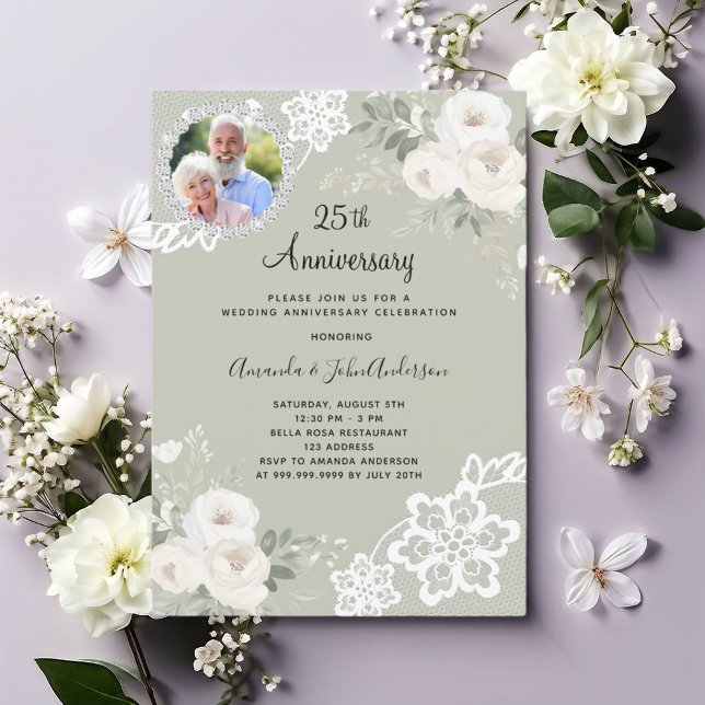 Green white florals photo 25th wedding anniversary invitation (Creator Uploaded)