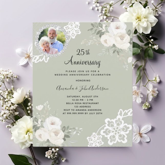 Green white florals photo 25th wedding invitation (Creator Uploaded)