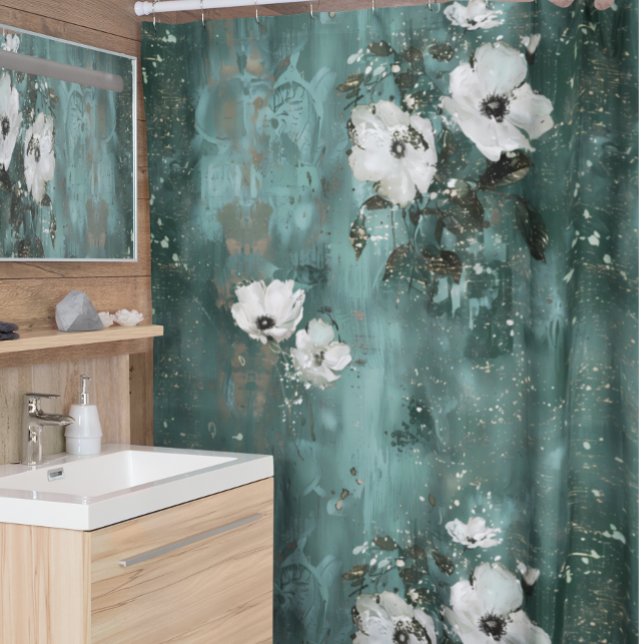 Green White Flower Floral  Shower Curtain (Creator Uploaded)