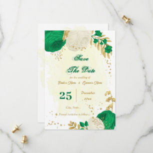 green & white flowers gold botanical save the date