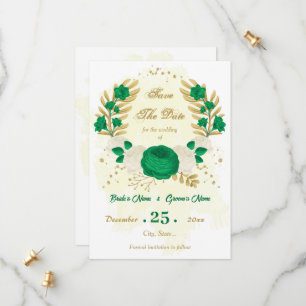 green & white flowers gold botanical save the date