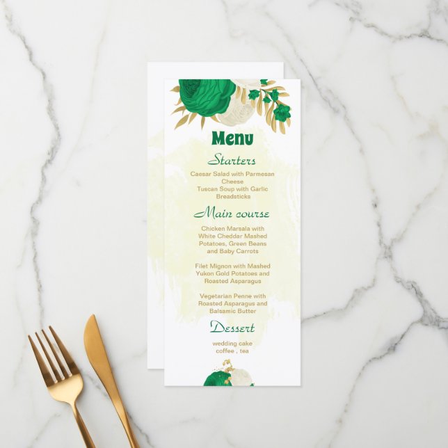 green white flowers gold botanical wedding menu (Front/Back In Situ)