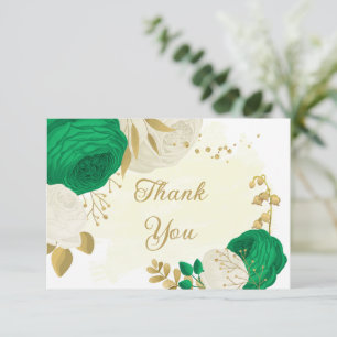 green & white flowers gold botanical wedding thank you card