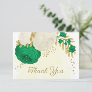 green & white flowers gold botanical wedding thank you card
