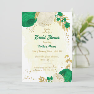 green & white flowers gold bridal shower invitation
