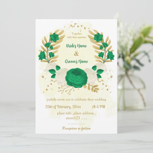 green & white flowers gold wreath wedding invitation (Standing Front)
