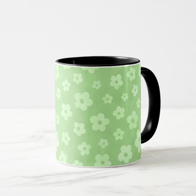 Green & white flowers tea cup with black handle (Front Right)