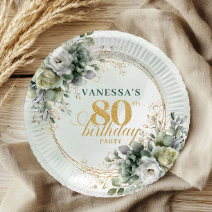 Green White Foliage 80th Birthday Boho Style Plate
