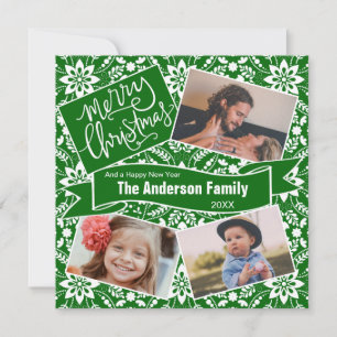 Green White Folk Floral Holiday Pattern Card
